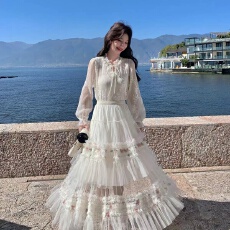 批发米白色法式网纱刺绣连衣裙女中长款2026<b class='q'>夏</b>季度假风绝美超仙蛋糕裙
