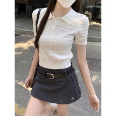 pusumede 复古针织衫短袖T恤女夏薄款休闲polo领麻花正肩短款上衣