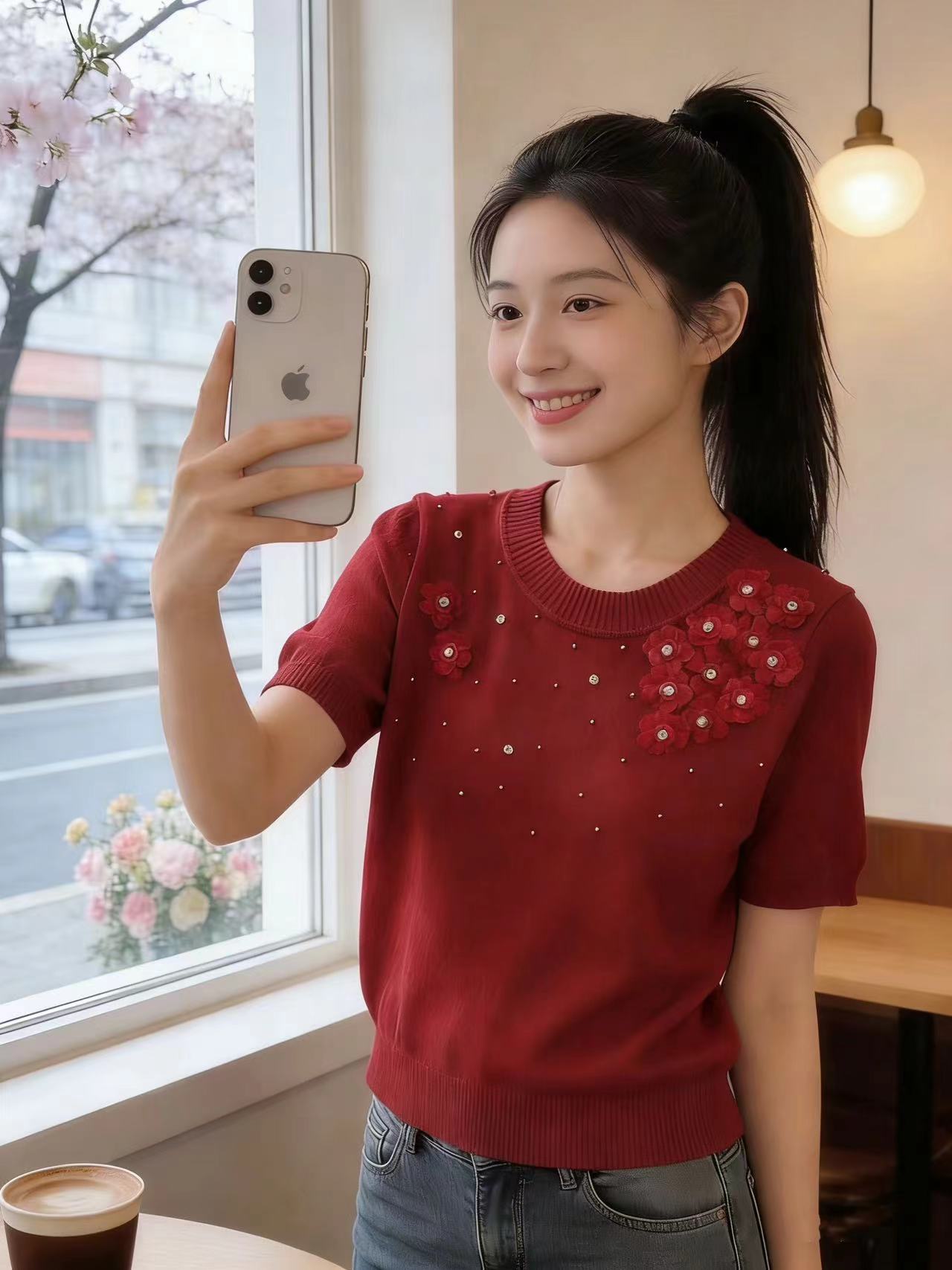 2026 새로운 봄 여름 디자인 센스 작은 대중 Chic 무거운 작업 비즈 박기 반팔 티셔츠 여성 몸매 가꾸기 맨위 패션
