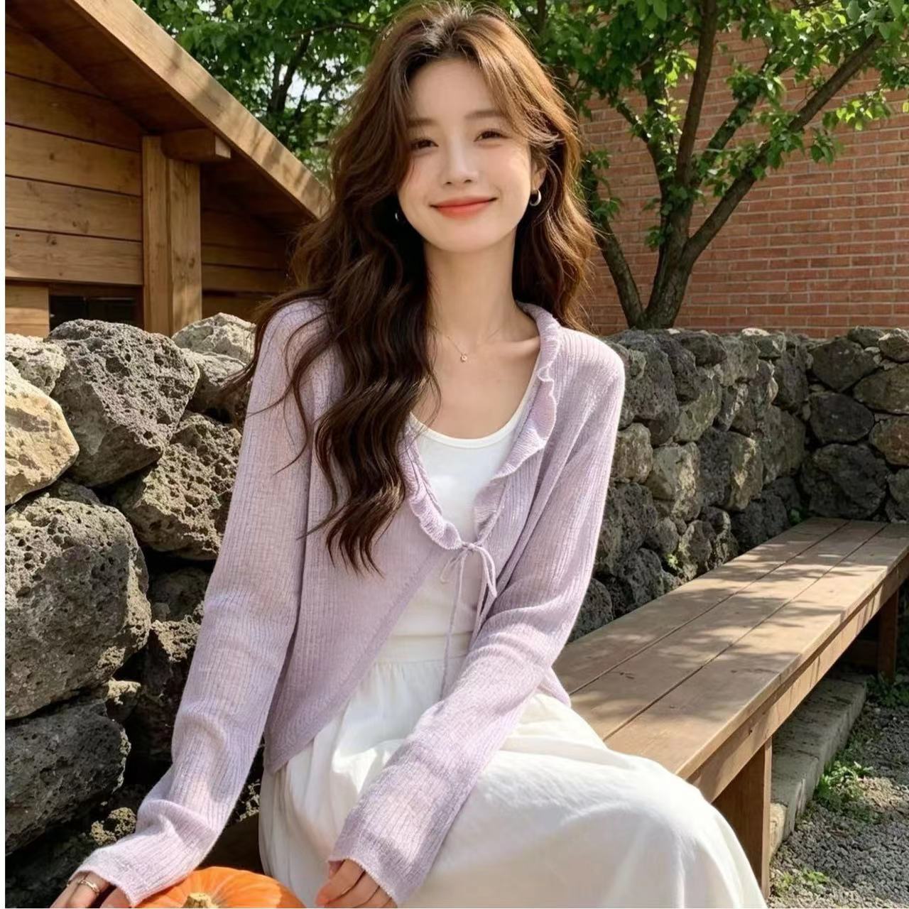 2026 년 여름 새로운 디자인 센스 부드러운 달콤한 스타일 V넥 프릴 레이스업 니트 오픈 가디건 국방