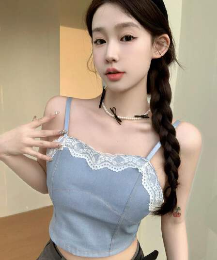 패치워크 레이스 레이스 데님 캐미솔 핫걸 포장 가슴 안쪽 의류 노출 방지 벨트 가슴 패드