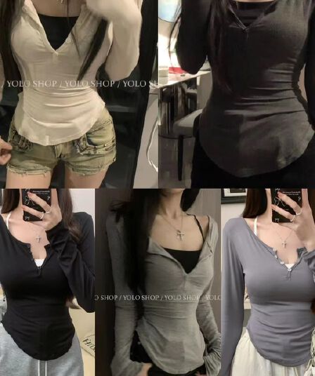 가을 섹시함 몸매 가꾸기 슬림해 보이는 허리 수축 V넥 긴팔 티셔츠 순수한 욕망 바람 핫걸 다용도 맨위 두 조각