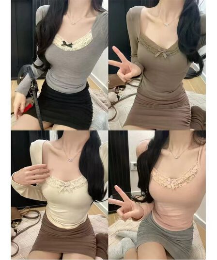 연삭 털 가을 레이스 긴팔 티셔츠 여성 두꺼운 패치워크 몸매 가꾸기 슬림해 보이는 맨위 섹시함