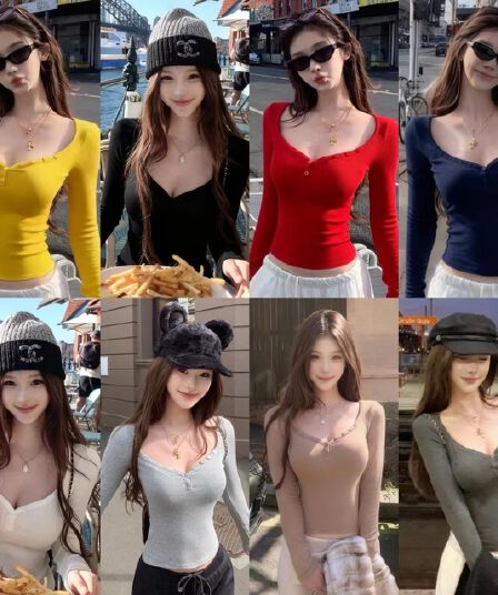 아메리칸 핫걸 섹시함 V넥 기본 셔츠 여성 봄 가을 단추 하프 열기 몸매 가꾸기 슬림해 보이는 긴팔 티셔츠