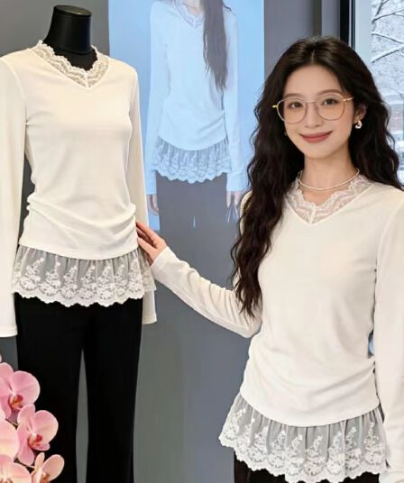 가을 새로운 한 부서 레이스 레이스 라운드 넥 패치워크 긴팔 티셔츠 여성 패션 Chic 다용도 맨위