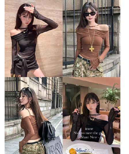 이른 가을 새로운 순수한 욕망 섹시함 투피스 세트 시스루 망사 긴팔 몸매 가꾸기 인사이드 가져 가라. 벨트 가슴 패드 튜브탑 맨위