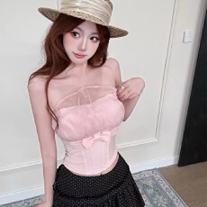 批发甜美纱纱抹胸蝴蝶结上衣女纯欲风性感修身吊带自带胸垫