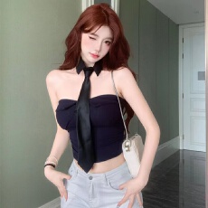批发纯欲辣妹风带领带性感抹胸小背心女<b class='q'>百搭</b>显瘦露脐短上衣