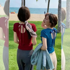 批发张<b class='q'>贝贝</b>ibell蝴蝶结绑带U型镂空正肩修身短袖T女显瘦圆领短款上衣
