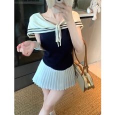 批发减龄撞色条纹短袖<b class='q'>针织衫</b>女夏季新款学院风polo领通勤百搭气质上衣