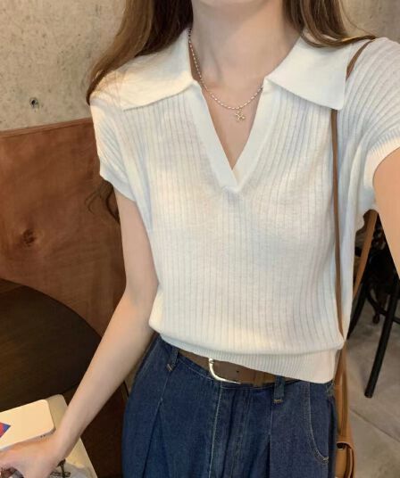 순수한 욕망 POLO 칼라 핫걸 디자인 센스 반팔 맨위 여성 의류 여름 새로운 고유 한 Chic 아름다운 니트 티셔츠