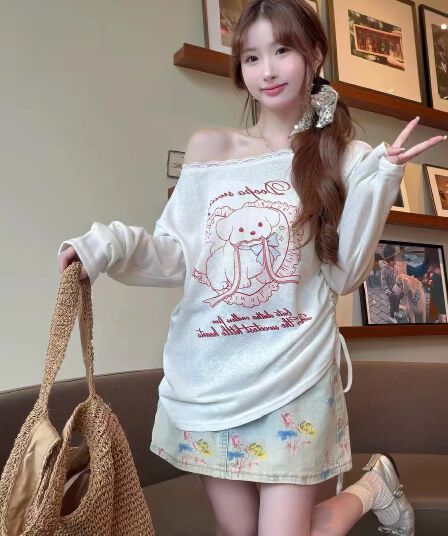 한 부서 화이트 만화 프린트 비스듬한 어깨 긴팔 라이 경기 서울 티셔츠 맨위 봄 여름 루즈핏 얇은 스타일 마이크로 ~을 통해 자외선 차단 표지