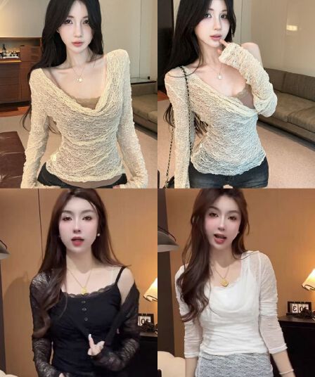 섹시함 달콤한 핫걸 도루 접기 칼라 레이스 자외선 차단 블라우스 얇은 맨위 디자인 센스 작은 대중 몸매 가꾸기 긴팔