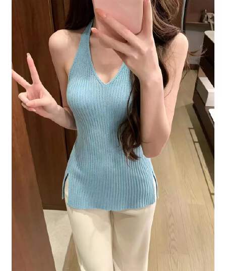 순수한 욕망 바람 파란색 행침 목 니트 캐미솔 여름 외출용 인사이드 가져 가라. 몸매 가꾸기 쇼트 스타일 민소매 백리스 맨위
