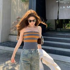 批发撞色条纹针织抹胸背心女夏季外穿辣妹风紧身内搭显瘦短款打底上衣