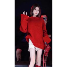 批发韩版Alice W花花家波尔多红毛衣显白出圈的圆领大版慵懒风红毛衣