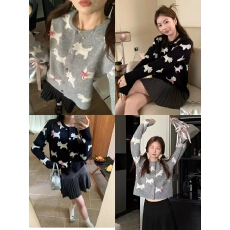 批发<b class='q'>韩版</b>蝴蝶结小狗立体提花圆领针织衫女春单排扣甜美毛衣开衫外套