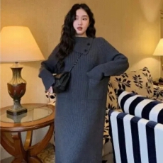 批发韩版新款 云感纱线 长款<b class='q'>高领</b>毛衣裙女宽松秋冬显瘦打底<b class='q'>连衣裙</b>