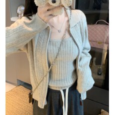 批发<b class='q'>韩国</b>东大门慵懒风拉链长袖针织开衫女设计感内搭吊带背心上衣两件