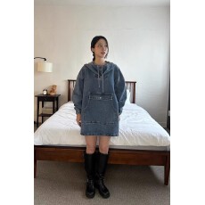 批发韩国INS风 中长款套头牛仔卫衣外套<b class='q'>宽松</b>连帽牛仔长裙