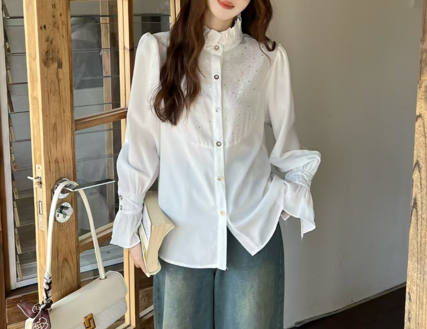 실사 프릴 스탠드 칼라 긴팔 여성 셔츠 다이아몬드 세팅 루즈핏 한국 스타일 다용도 맨위