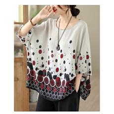 批发实拍夏季新品麻棉民族风蝙蝠袖宽松大码圆领T恤女