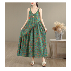 批发实拍浪漫度假风印花V领收腰<b class='q'>吊带</b>裙大码棉麻连衣<b class='q'>长裙女</b>