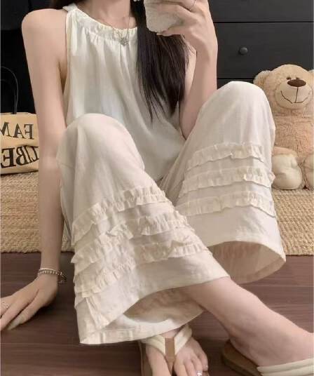 지금 신제품 여름 임산부 바지 목이버섯 레이스 아마 캐주얼 바지 루즈핏 슬림해 보이는 면 린넨 9 포인트 와이드 레그 팬츠 임산부