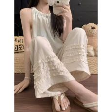 批发现新品夏季孕妇裤木耳花边亚麻休闲裤宽松显瘦棉麻九分阔腿裤孕妇