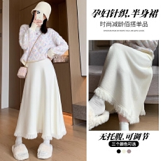 批发孕妇秋<b class='q'>冬</b>高腰针织半身裙无托腹显瘦设计感流苏中长款a字大摆伞裙