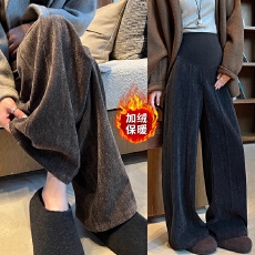 批发灯芯绒加绒外穿孕妇裤垂感显瘦阔腿裤雪尼尔人字纹直筒西装长裤
