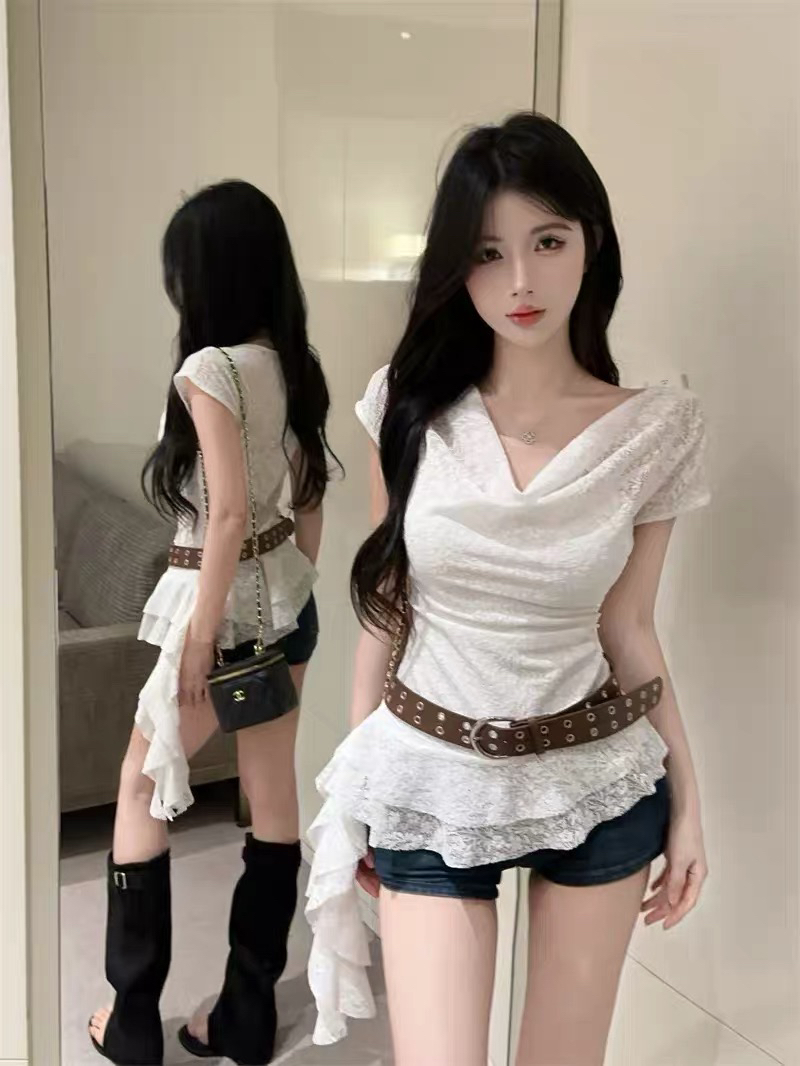 봄 불모지 바람이 아닙니다. 규칙 프릴 레이스 맨위 핫걸 착용 가져 가라. 투피스 세트 티셔츠 옷 여성