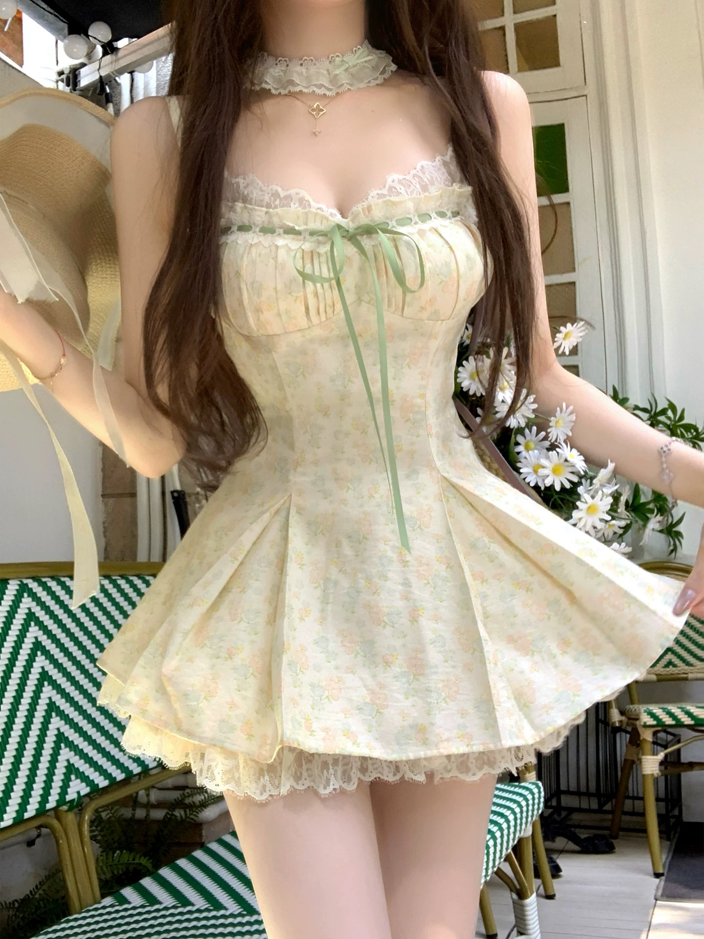 루이 茜 여름 녹색 리프트 봄 여름 달콤한 스타일 꽃무늬 연령 감소 드레스 오픈 가디건