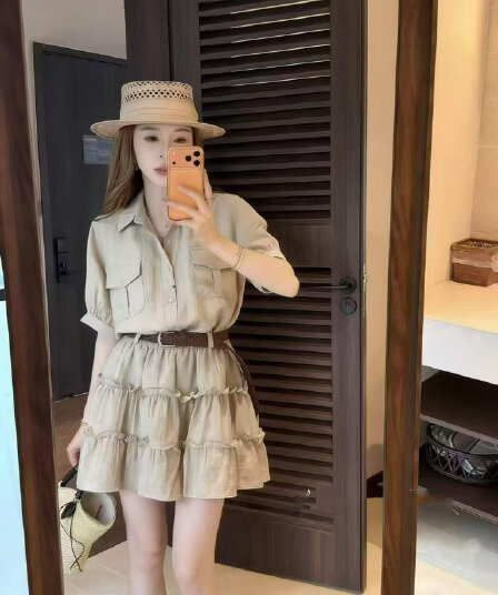 A 고기 ree 품격 POLO 칼라 반팔 셔츠 프릴 반신 스커트 느긋한 품격 세트 여름 벨트 포함