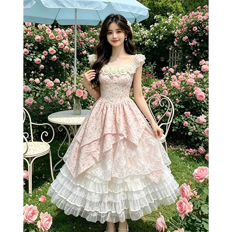 프랑스식 무거운 작업 여름 휴가 패치워크 디자인 꽃무늬 불규칙 새로운 몸매 가꾸기 슬림해 보이는 하이웨이스트 드레스 핑크색