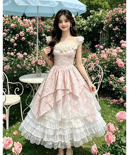 프랑스식 무거운 작업 여름 휴가 패치워크 디자인 꽃무늬 불규칙 새로운 몸매 가꾸기 슬림해 보이는 하이웨이스트 드레스 핑크색