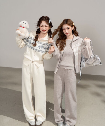 실사 가을 의상 코디 전체 집합 miu 부서 착용 가져 가라. 작은 샤넬 스타일 패션 연령 감소 외국 가스 니트 바지 두 조각