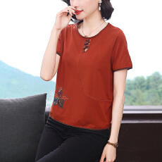 批发2026新中式国风刺绣上衣女宽松显瘦圆领短袖妈妈装棉<b class='q'>T</b>恤小衫