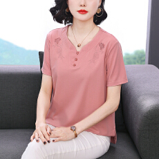 批发妈妈短袖T恤女刺绣宽松遮肚半袖小衫夏装新款<b class='q'>中老年</b>洋气减龄上衣