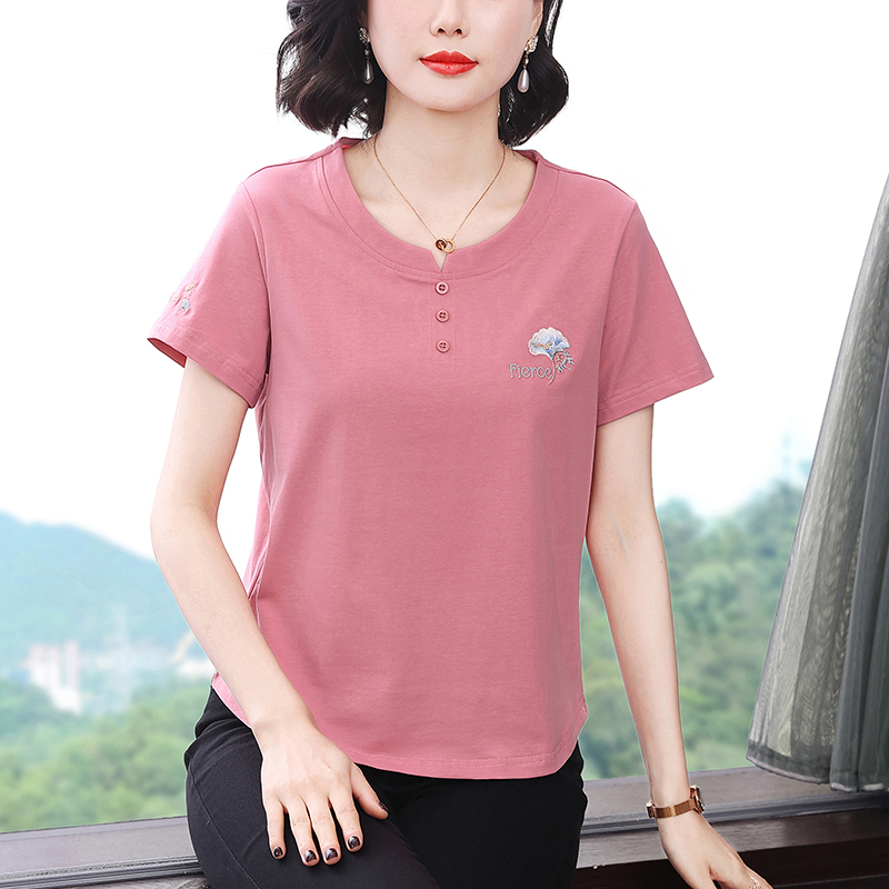 RY1839# 短袖T恤女纯棉刺绣宽松上衣2026新款中年妈妈装洋气大码体恤