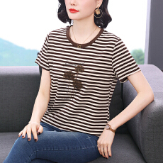 批发立体绣花条纹短袖t恤女2026年新款时尚<b class='q'>中老年</b>妈妈夏装凉感体恤衫