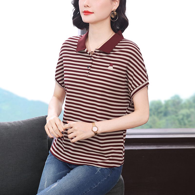 RY1837# 高级感翻领条纹短袖t恤女春夏季时尚短款正肩上衣百搭显瘦体恤...