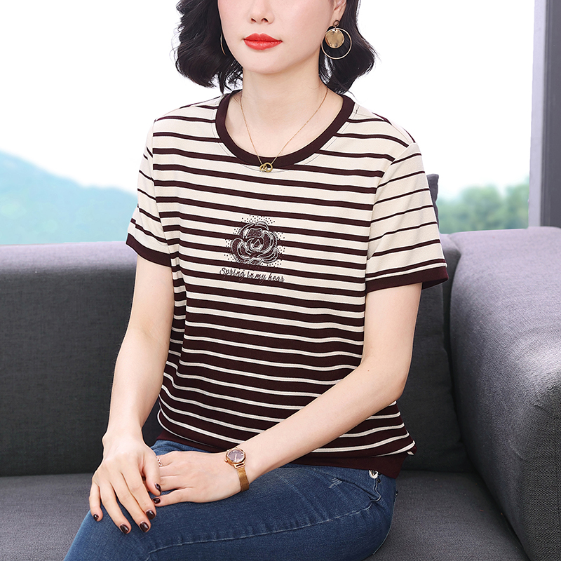 RY1836# 条纹短袖T恤女夏装2025新款洋气中年妈妈上衣宽松藏肉大码...