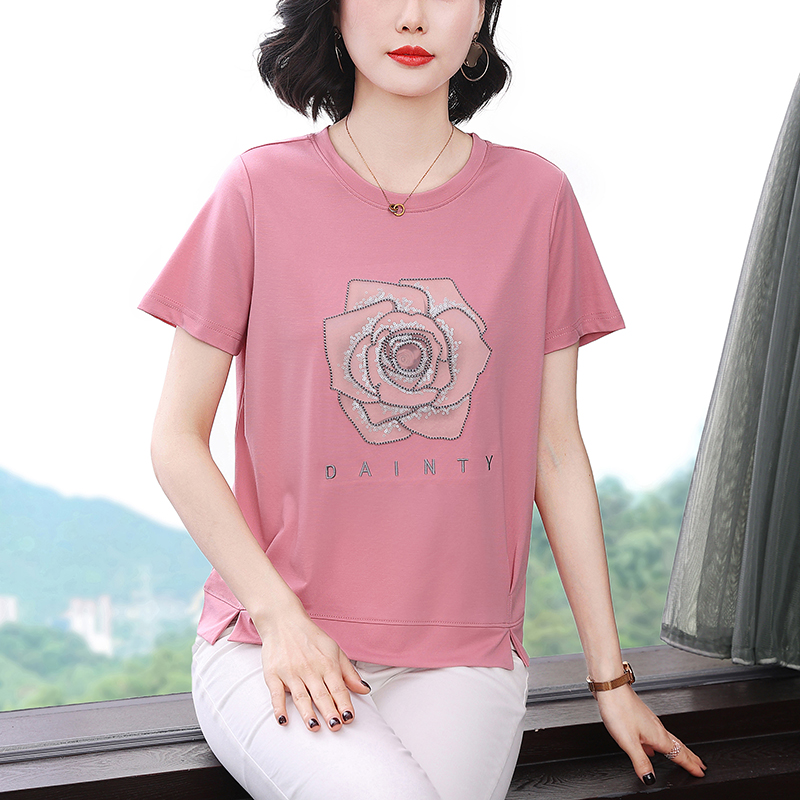 RY1829# 2026新款短袖T恤女宽松遮肚妈妈重工刺绣下摆开叉半袖上衣...