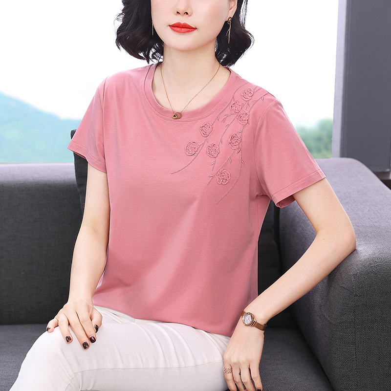 RY1830# 高级感立体绣花短袖T恤女2026新款时尚中年妈妈大码夏装品...
