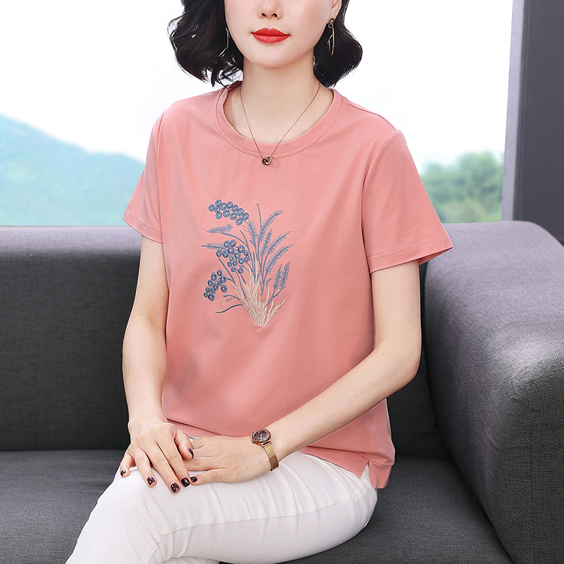 RY1832# 夏季新款纯棉短袖T恤女宽松圆领刺绣上衣中年妈妈装洋气减龄体...
