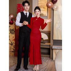 批发高端大气改良红色旗袍结婚新娘敬酒服长袖订婚礼服回门<b class='q'>鱼尾</b>连衣裙