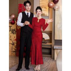 批发高端轻奢改良红色旗袍敬酒服长袖<b class='q'>新娘</b>结婚订婚礼服中式回门连衣裙