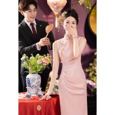 批发夏季新娘结婚订婚气质礼服无袖拉链中式伴娘服修身中长裙高腰女装