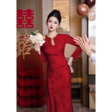 批发高端轻奢改良红色旗袍敬酒服长袖新娘结婚订婚礼服中式回门连衣裙